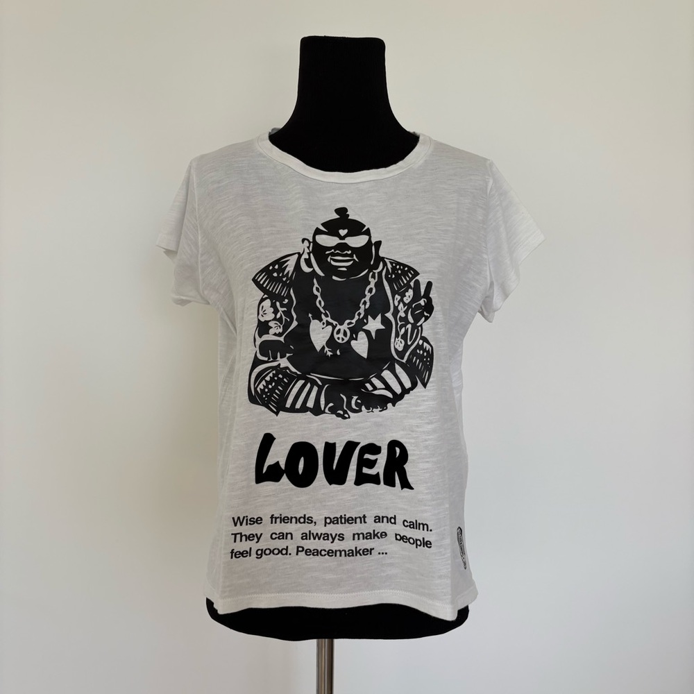 JAZMIN CHEBAR white and black Lover Buddah graphic tee. Size 2. Perfect Conditio